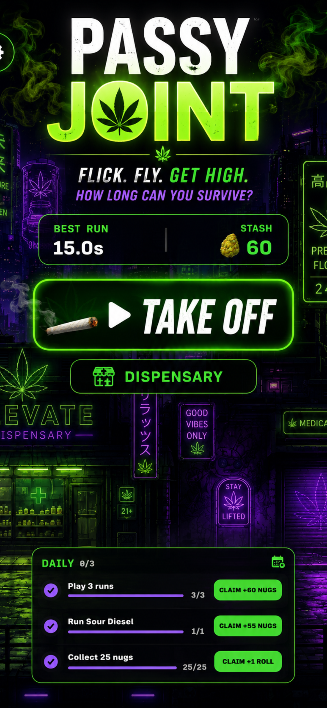 Passy Joint main menu with best run, stash total, Take Off button, Dispensary, and daily challenges