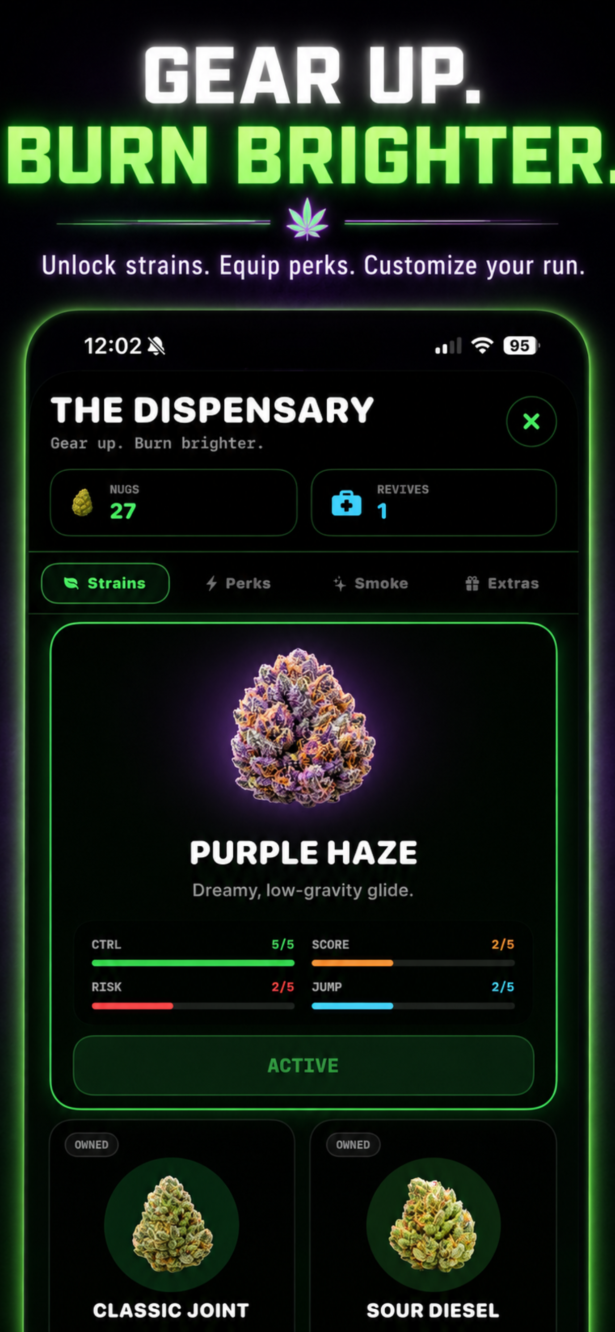 Passy Joint Dispensary showing Purple Haze strain details, upgrade controls, and other owned strains