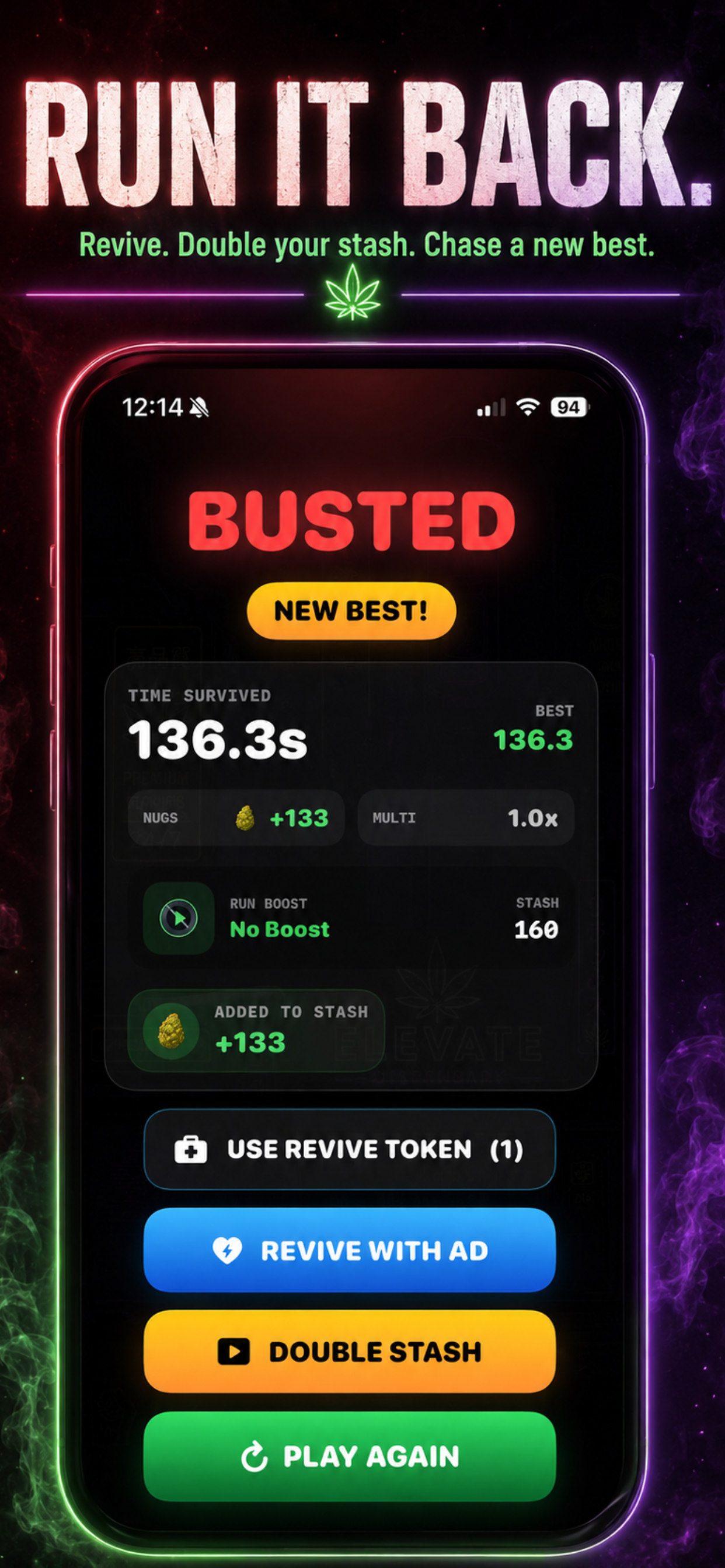 Passy Joint Busted results screen with score, reward, revive options, and Play Again button
