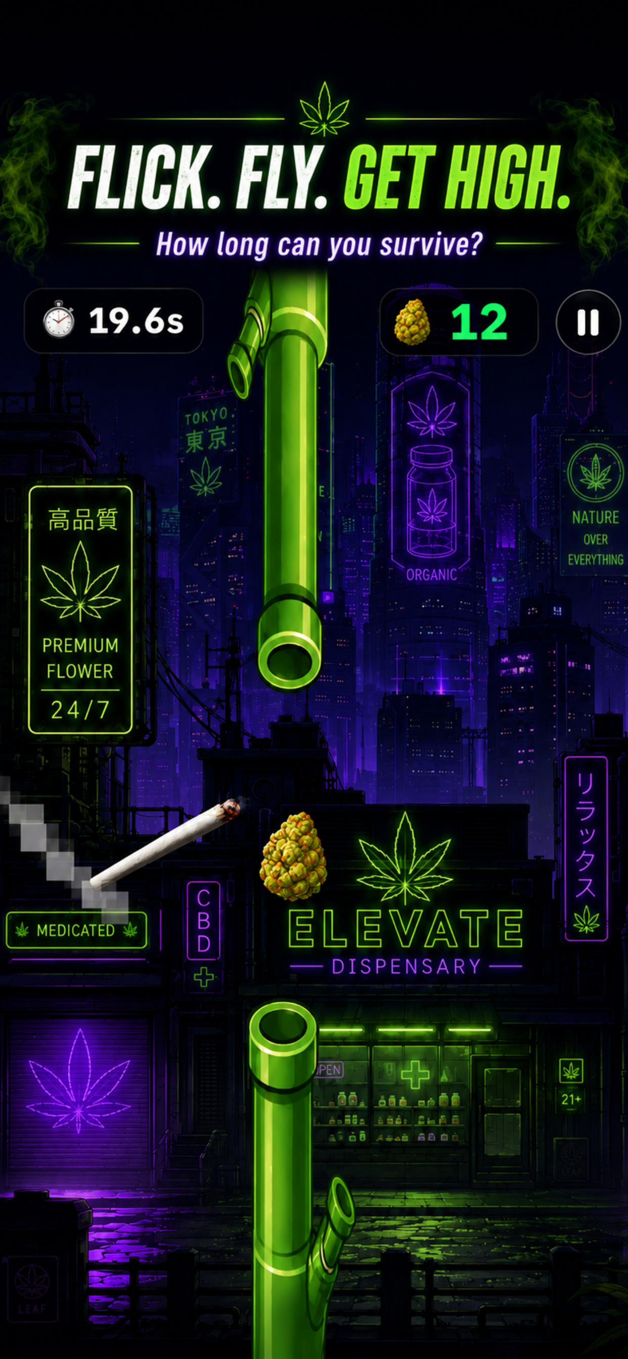 Passy Joint gameplay showing a lit joint flying between neon-green pipes above a purple city.